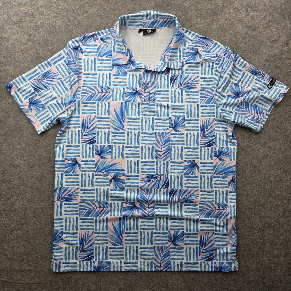 GreenSide Golf Polo Shirt Mens Large Blue Tropical Leaf Performance Stretch Top